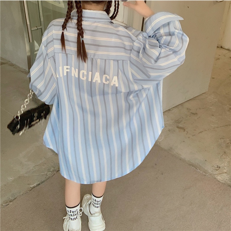 Áo Sơ Mi Tay Dài Kẻ Sọc In Chữ Thời Trang Dành Cho Nữ