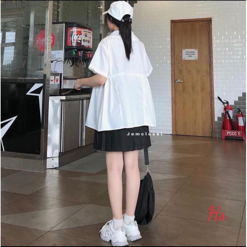 Áo Babydoll Nữ Buộc Dây Nơ Áo Sơ Mi Nữ Ngắn Tay Cổ Bẻ 2 Màu Freesize Form Rộng