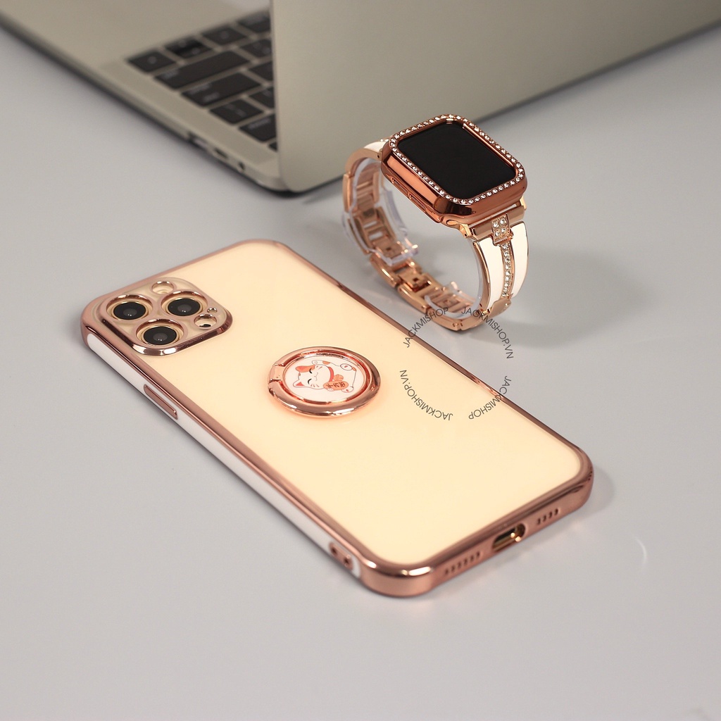 [COMBO 3 MÓN] ỐP LƯNG RING MÈO CHO IPHONE + DÂY ROLEX RUBY CHO APPLE WATCH + ỐP VIỀN ĐÍNH ĐÁ CHO APPLE WATCH