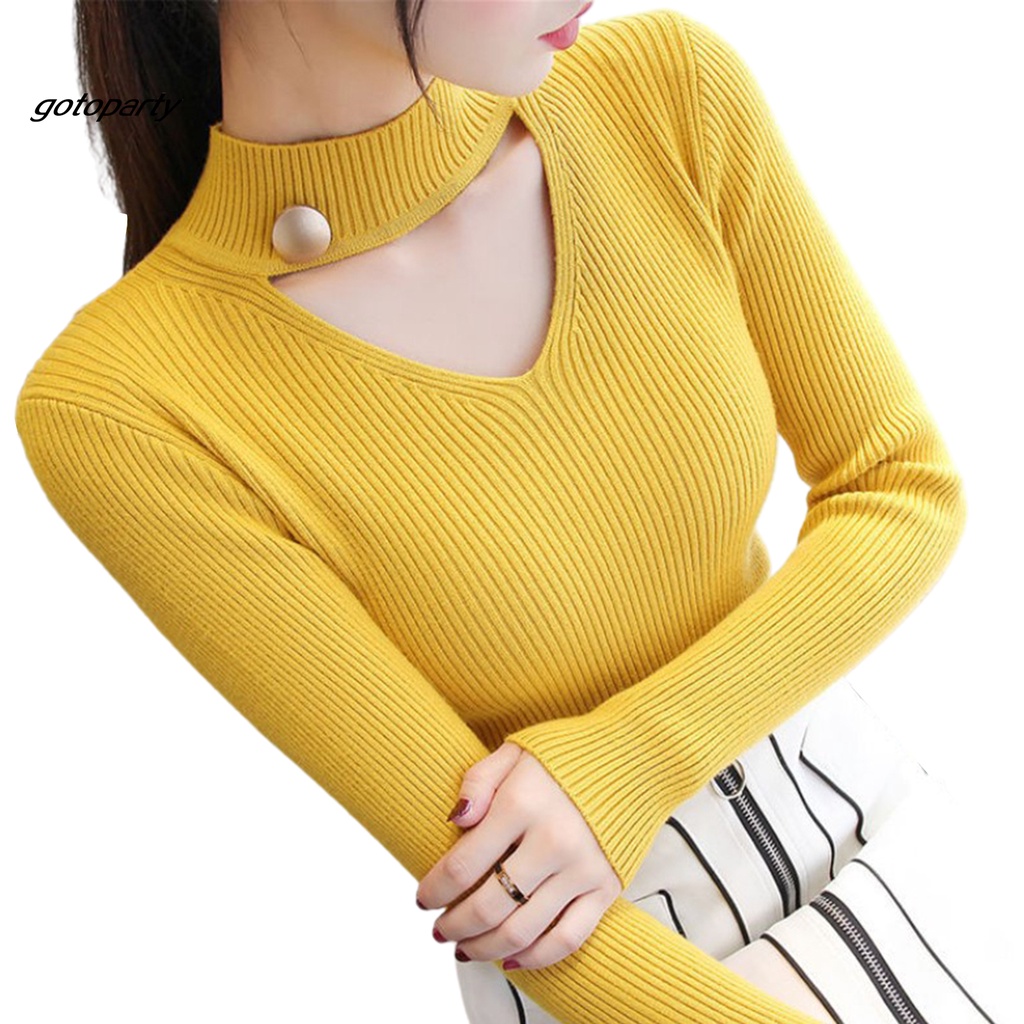 Áo dệt kim tay dài dáng ôm cài nút phối vòng cổ choker thời trang cho nữ | BigBuy360 - bigbuy360.vn