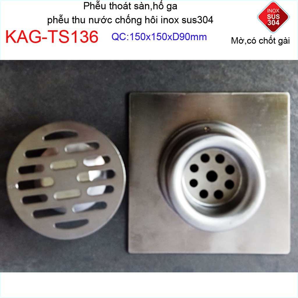 Phễu thoát sàn chống mùi hôi có chốt gài, Phễu thu nước  inox 304, thoát sàn Kace 15D90 KAG-TS136