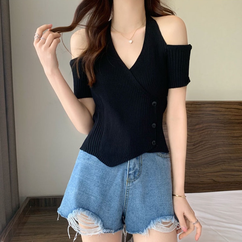 Áo Thun Tay Ngắn Cổ Chữ v Màu Trơn Thời Trang Dành Cho Nữ