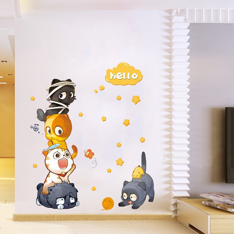 Decal Dán Tường 5 Chú Mèo Con Khổ 60*90cm