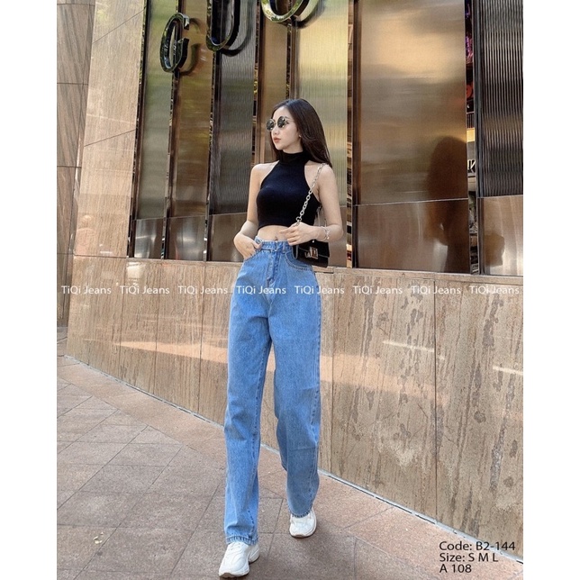Quần jeans suông cạp cao đai cài dây khuy