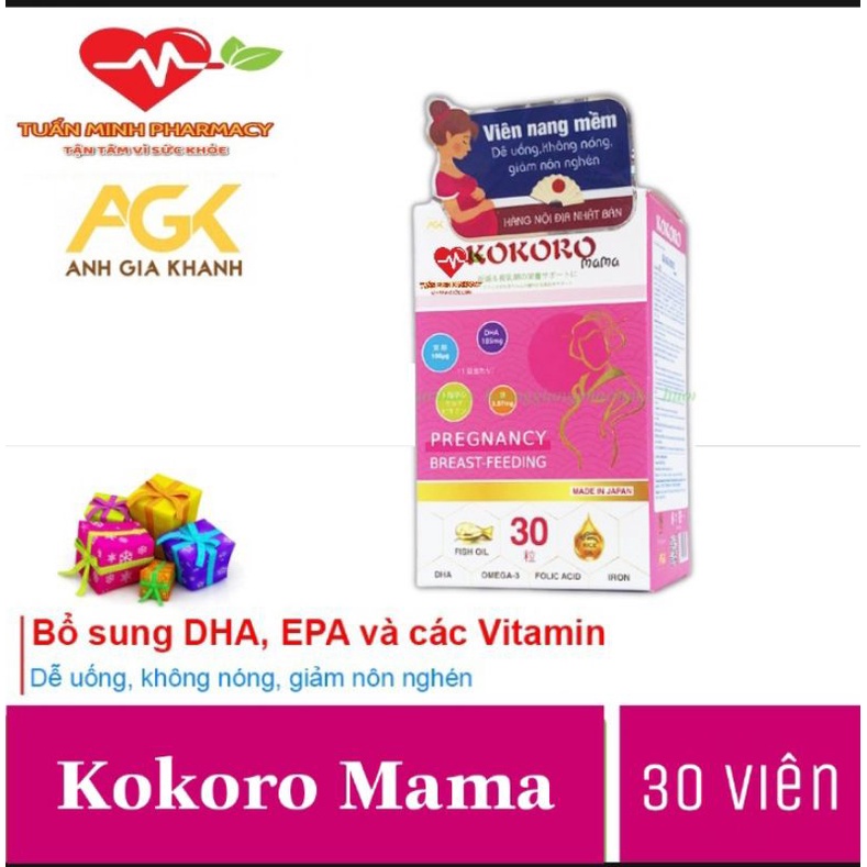 Kokoro mama - Bổ sung DHA, EPA, các vitamin cần thiết cho phụ nữ mang thai và cho con bú (Lọ 30 Viên)