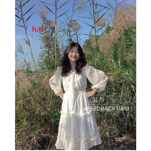 Váy Trễ Vai bánh Bèo , Đầm dự tiệc voan rớt vai màu trắng dáng xòe . MIALA