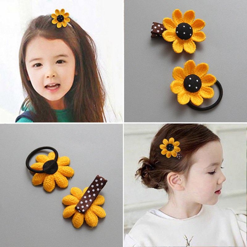 Bộ kẹp tóc + dây thun buộc tóc thiết kế hình bông hoa hoạt hình đáng yêu cho bé gái