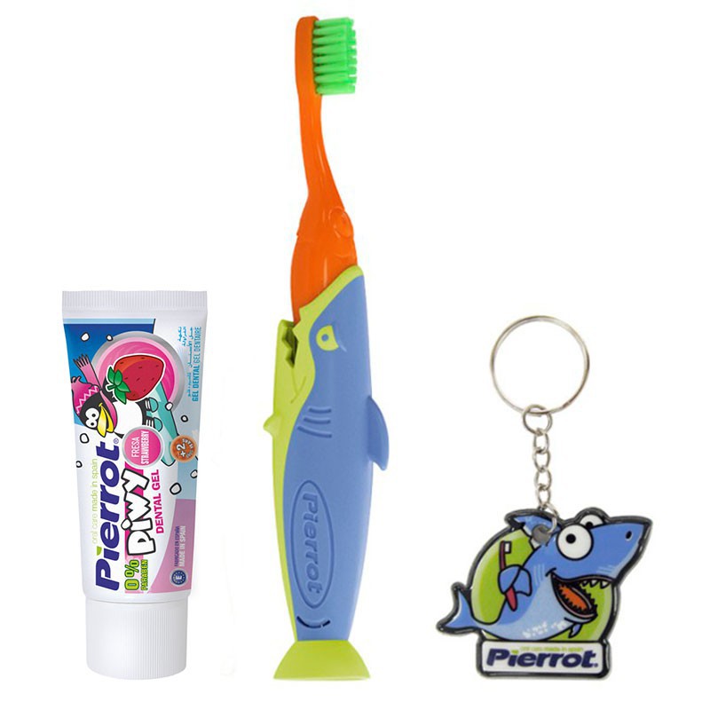 Bộ kit chăm sóc răng miệng cho trẻ em Pierrot cá mập ( bàn chải + kem đánh răng+ móc khóa)