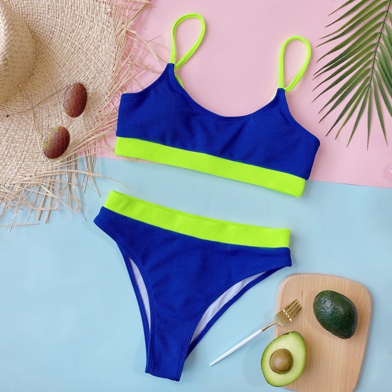 [BKN820] &lt;ÂU&gt; SET BIKINI BASIC VẢI GÂN XANH COBALT/XANH NEON (CẠP CAO)