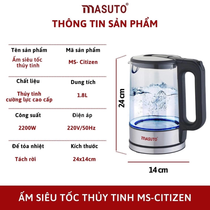 Ấm Siêu Tốc Thủy Tinh Cường Lưc Masuto MS-Citizen18 Dung Tích 1,8l Sôi Nhanh Sau 2 Phút Tự Động Tắt