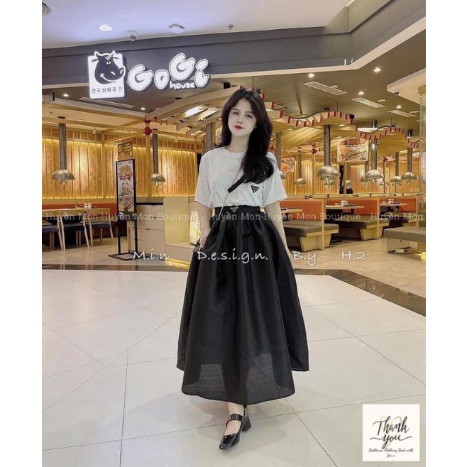 Set váy Áo phông trắng phối chân váy dài dáng xoè dễ thương.