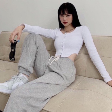 Áo croptop nữ vạt bầu dài tay phối cúc dọc vải thun tăm co giãn Shynstores