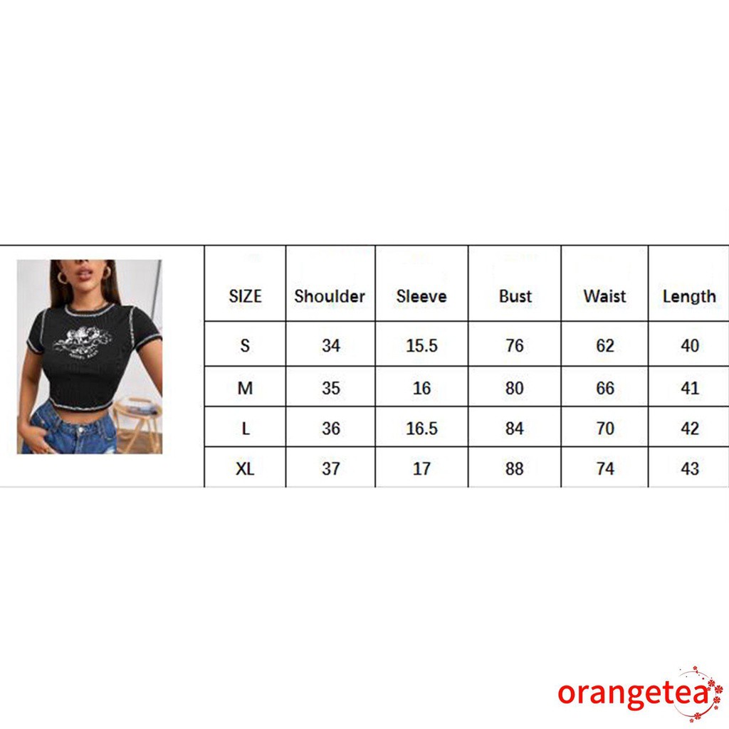 Áo Thun Croptop Tay Ngắn Cổ Tròn In Hình Thiên Thần Nhỏ Phối Màu Tương Phản Cho Nữ
