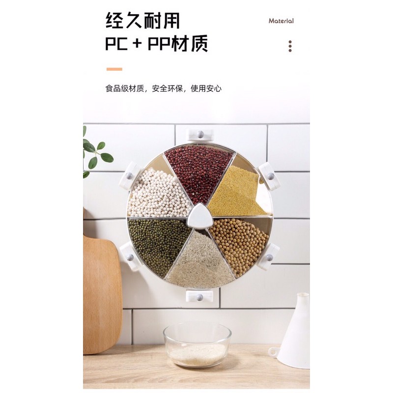 Hộp đựng ngũ cốc, gia vị treo tường 6 ngăn xoay tròn có nút ấn tiện lợi