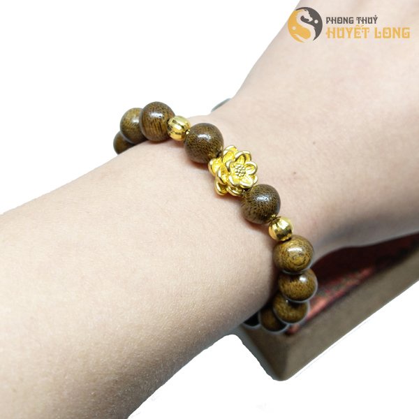 Vòng Trầm Hương Tốc Tròn Mix Hoa Sen Bi Vàng, Vòng Tay Gỗ Phong Thủy