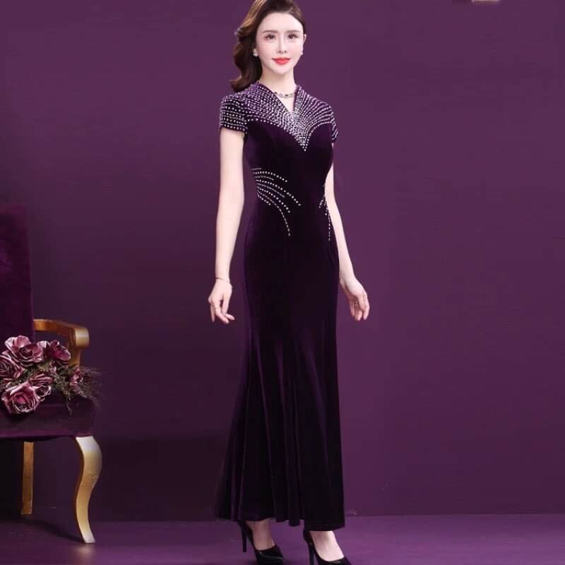 Đầm nhung nữ cao cấp  hoạ tiết sang trọng quý phái QCNP3172