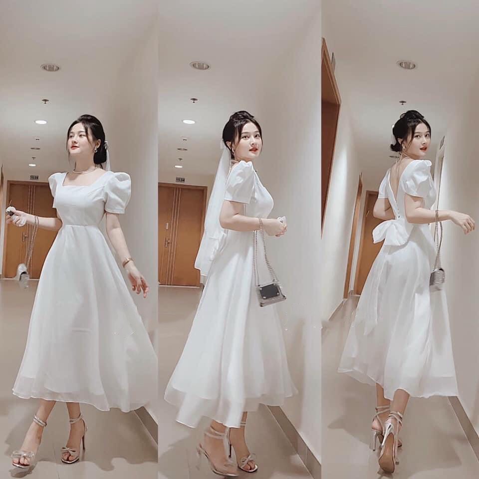 Đầm trắng tay bồng nơ lưng phối lưới xinh như cô dâu - Cindy dress