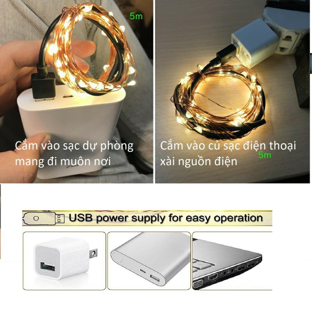 Đầu Cắm USB Tiện Dụng - Dây Đèn Led Trang Trí Đom Đóm Màu Dài 1M - 5M - 10M - Đèn Fairy Lights Dây Kẽm Dẻo Dễ Uốn Kiểu