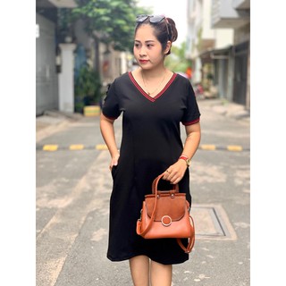 Đầm trung niên bigsize cổ V viền đỏ