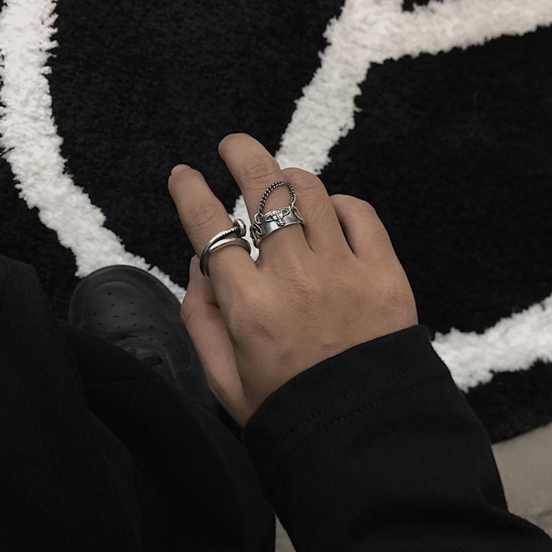 Nhẫn thép titan phối dây xích phong cách retro harajuku cá tính cho nam nữ 2210024