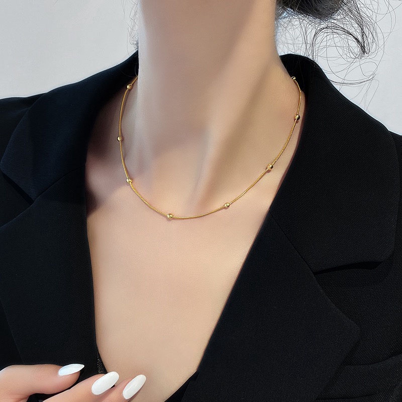 Dây chuyền thép titan mạ vàng hồng 18k đính hạt tròn phong cách âu mỹ chống thấm nước chống dị ứng không phai màu