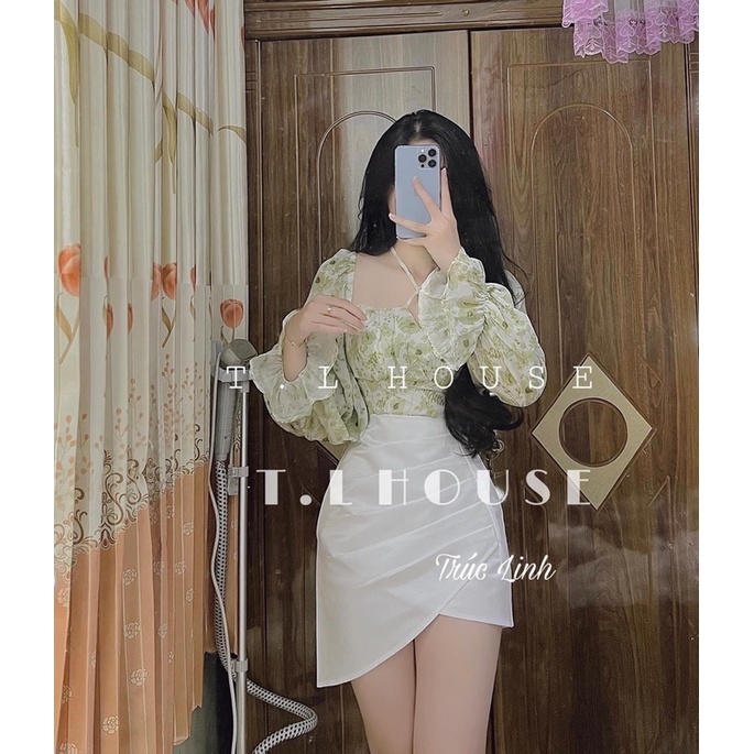 SET ÁO HOA XANH TAY LOE  + CHÂN VÁY  TRẮNG TÀ ĐẮP XÉO