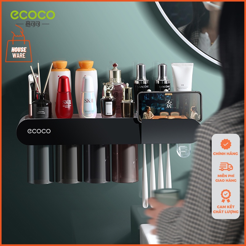 Bộ nhả kem đánh răng tự động cao cấp ECOCO chính hãng, kệ để đồ nhà tắm dán tường thông minh E2121