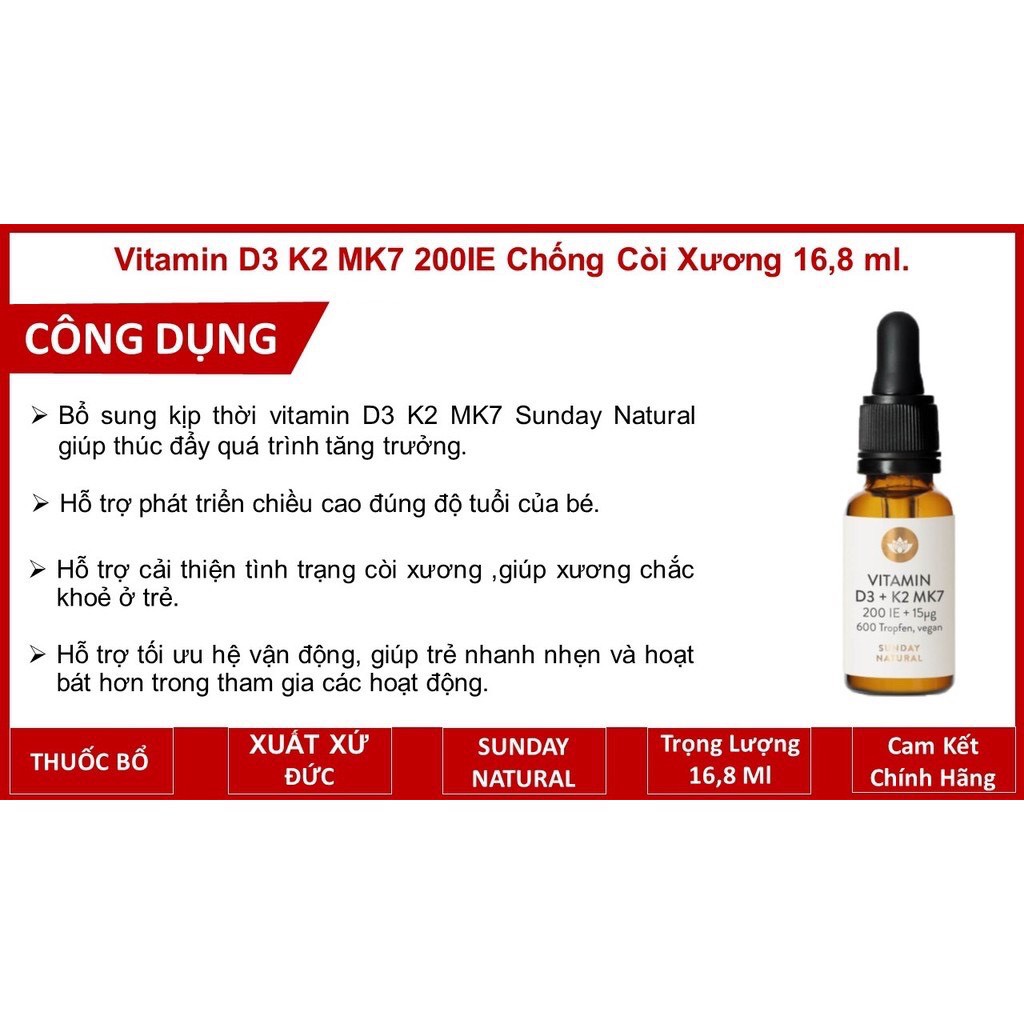 Vitamin D3 K2 MK7 Đức Sunday Natural 20ml Bổ sung D3 K2 MK7 Tăng Hấp Thụ Canxi Cho Bé, vitamin D3 cho trẻ sơ sinh