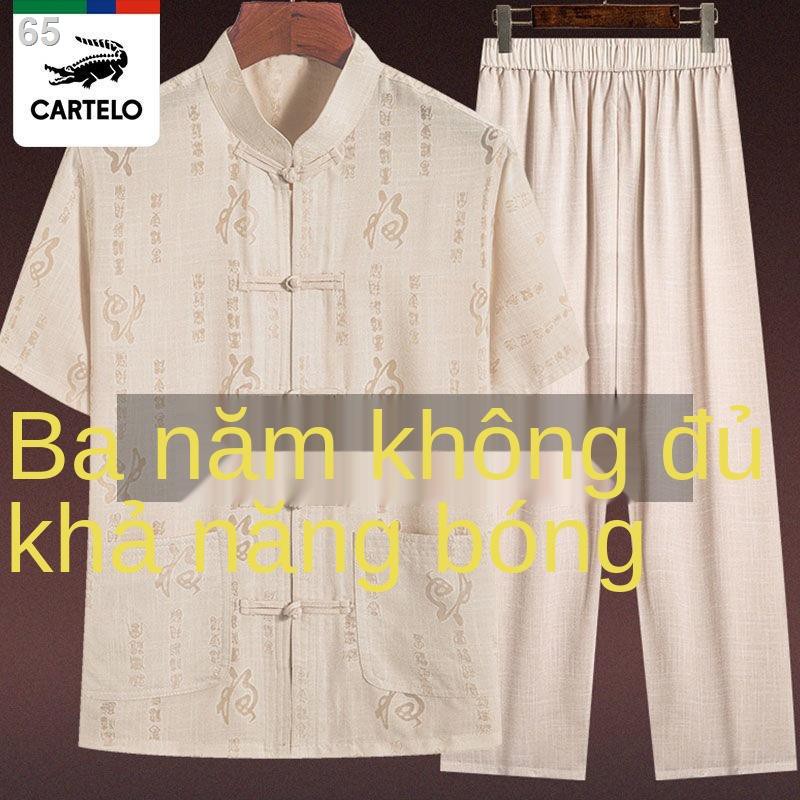 Bộ đồ thường ngày của nam Tang suit cotton và linen ngắn tay ông nội trang phục dân tộc mùa hè bố cao tuổi Hanfu