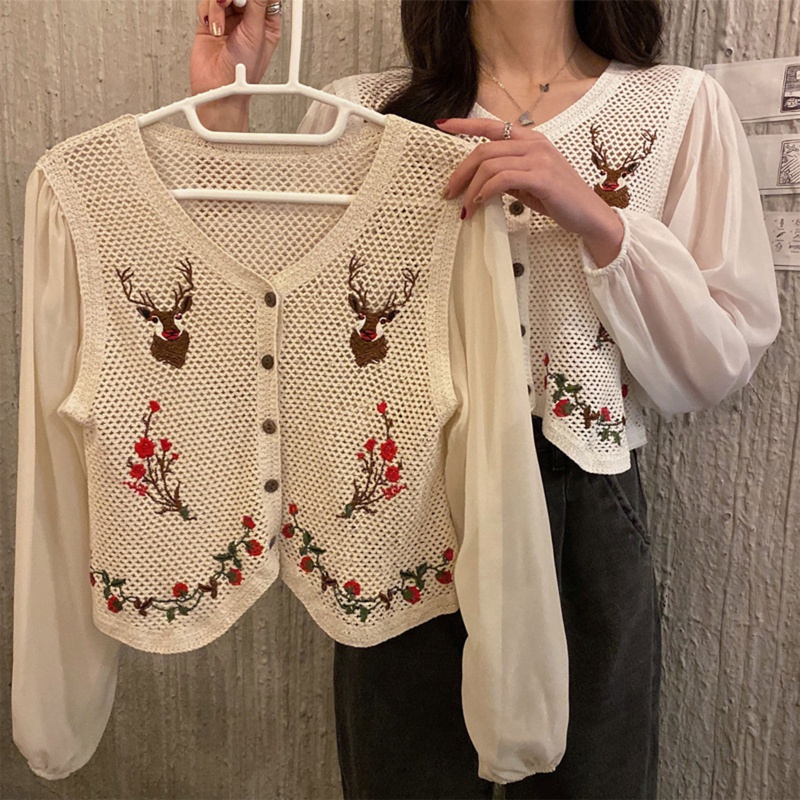 Brroa Áo Khoác Cardigan Chiffon Tay Dài Phồng Thêu Hoa Cho Nữ Jacke