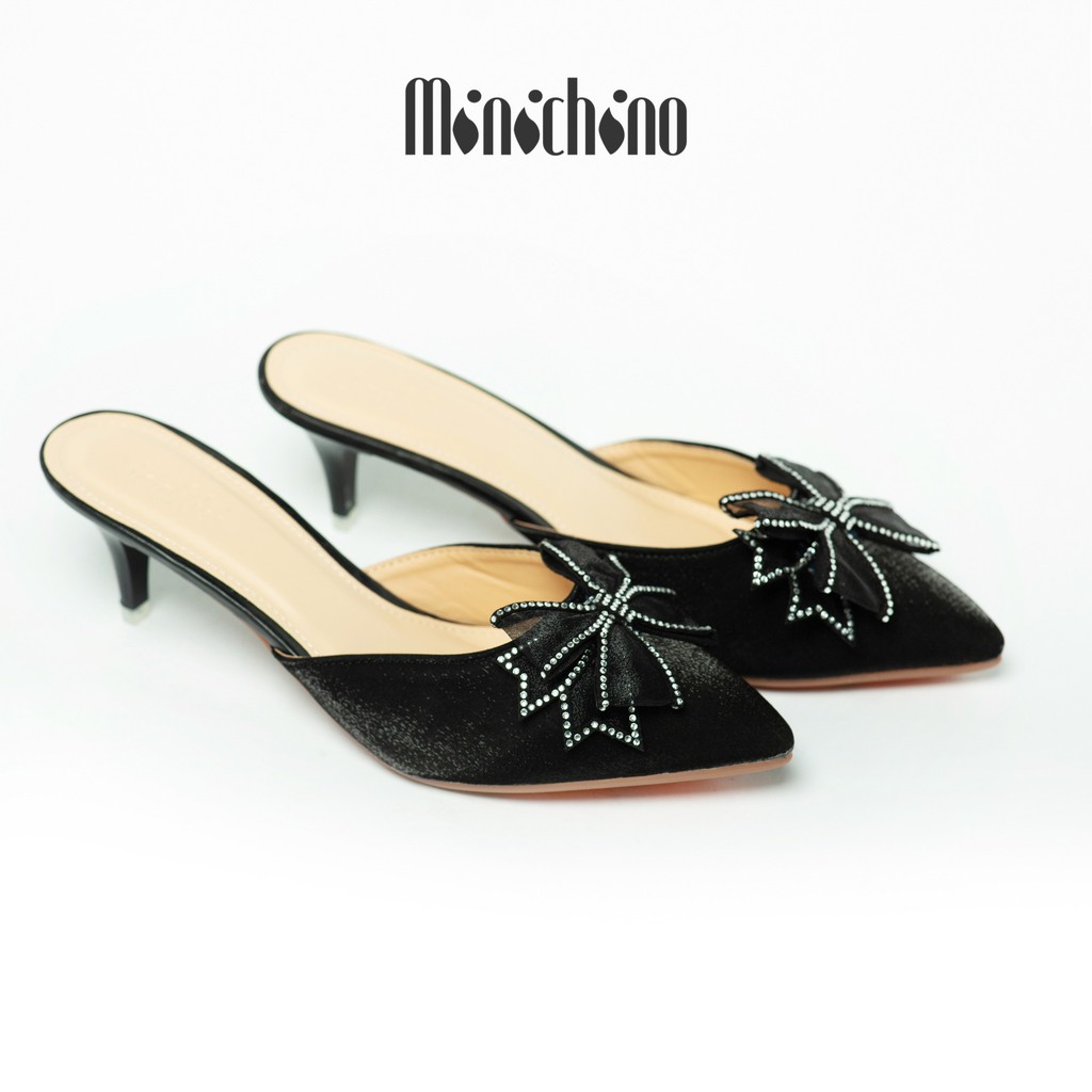 Giày cao gót nữ mũi nhọn Minichino, giày sandal nữ thời trang lụa satin gót cao 6p form chuẩn màu đen