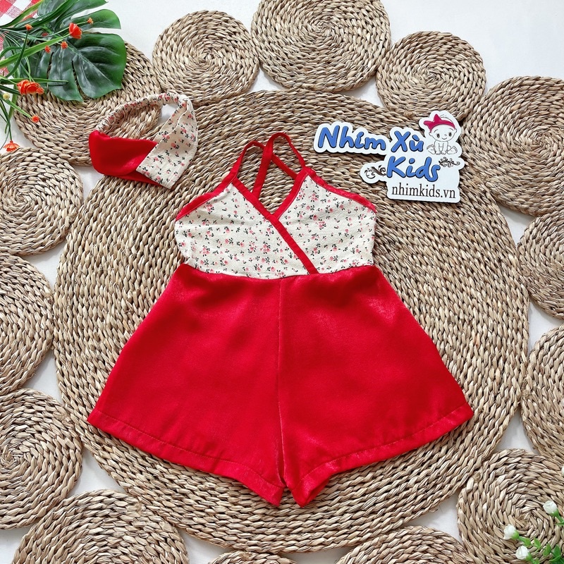 Jumsuit Đùi Cổ Chéo Chất Lụa + Đũi Cotton Màu Đỏ Cho Bé Gái 4 Đến 18kg [B015]