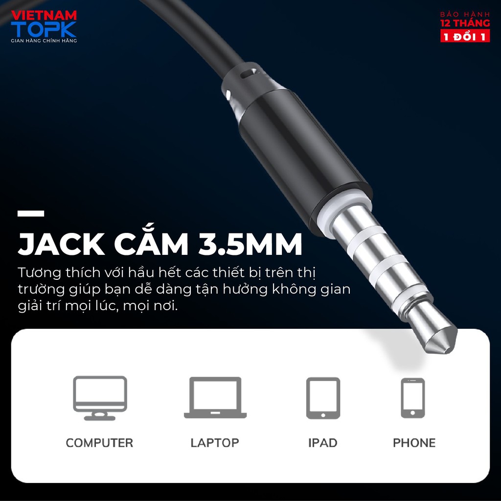 Tai nghe nhét tai có dây TOPK F20 - Chân cắm 3.5mm - Chất liệu TPE dài 1.2m - Hàng chính hãng Bảo hành 12 tháng