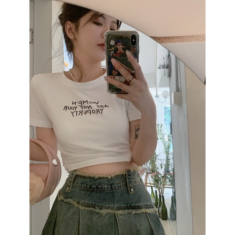 QKOOLE  Áo Thun Croptop Tay Ngắn Màu Trắng Phong Cách Hàn Quốc Cho Nữ