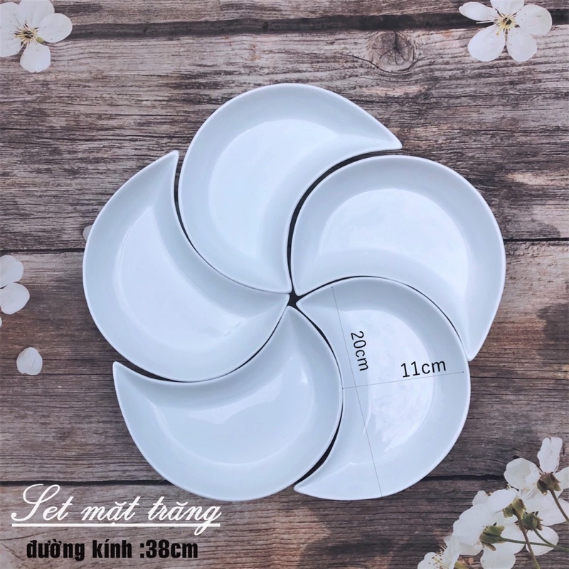 Bộ Đĩa Mặt Trăng 5 Cánh Men Trắng Bày Thức Ăn Gốm Sứ Bát Tràng Cao Cấp