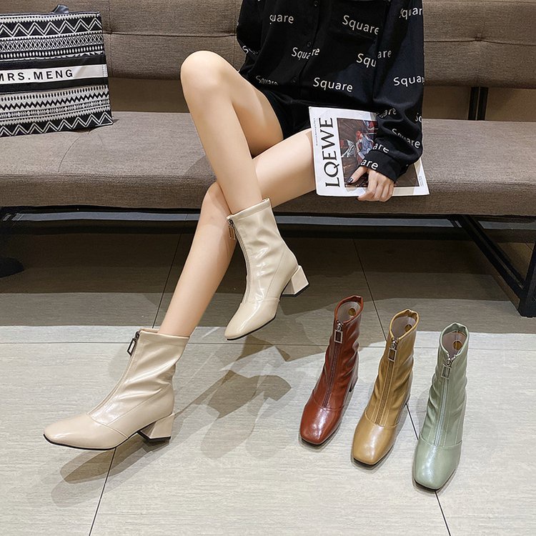 Giày bốt mũi vuông ống ngắn đế dày phối dây kéo phía trước thời trang cho nữ | BigBuy360 - bigbuy360.vn