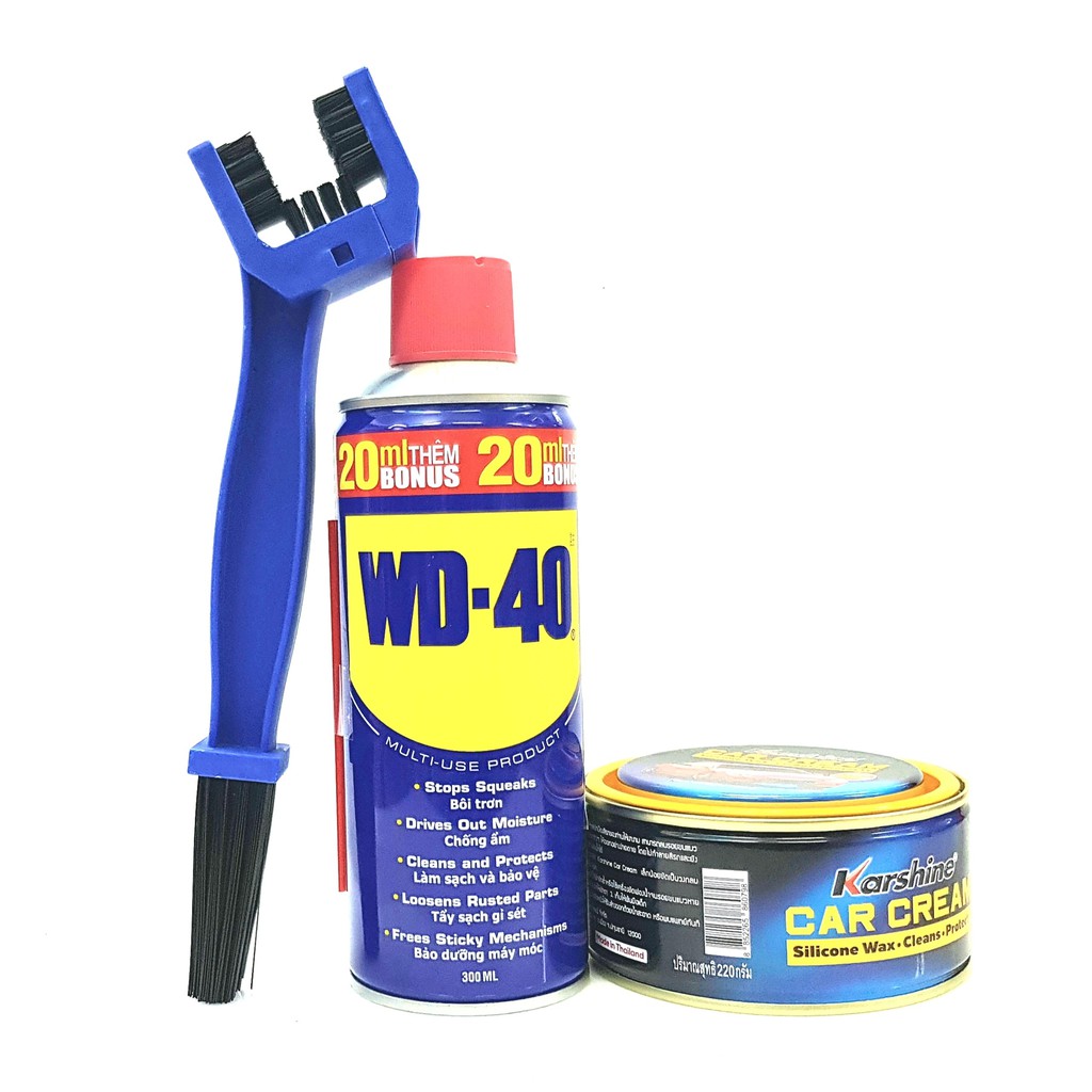 Bộ ba chai xịt bôi trơn đa năng WD40 300ml, Kem đánh bóng sơn xe Karshine 220gr và Bàn chải