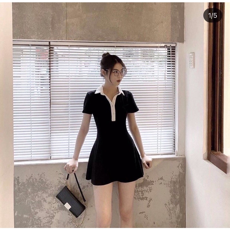Đầm xoè dáng chữ A cổ polo viền chất thun cotton kèm ảnh thật 4569