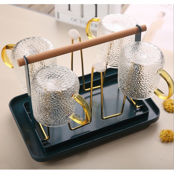 Giá úp cốc xanh kèm khay thép xanh đế bi vàng , giá úp cốc ly kèm khay Decor cao cấp