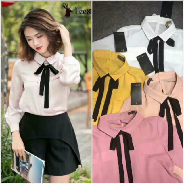 Áo sơ mi lụa cổ nơ