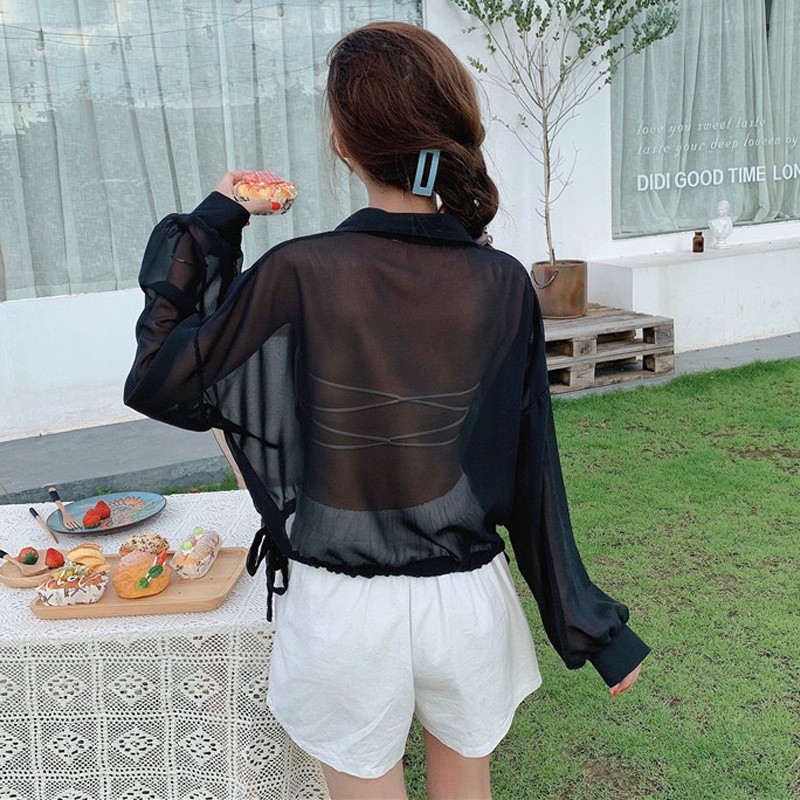 Áo sơ mi nữ croptop kiểu cột dây tay dài form rộng vải mỏng hàng Quảng Châu ANDOSA SM23