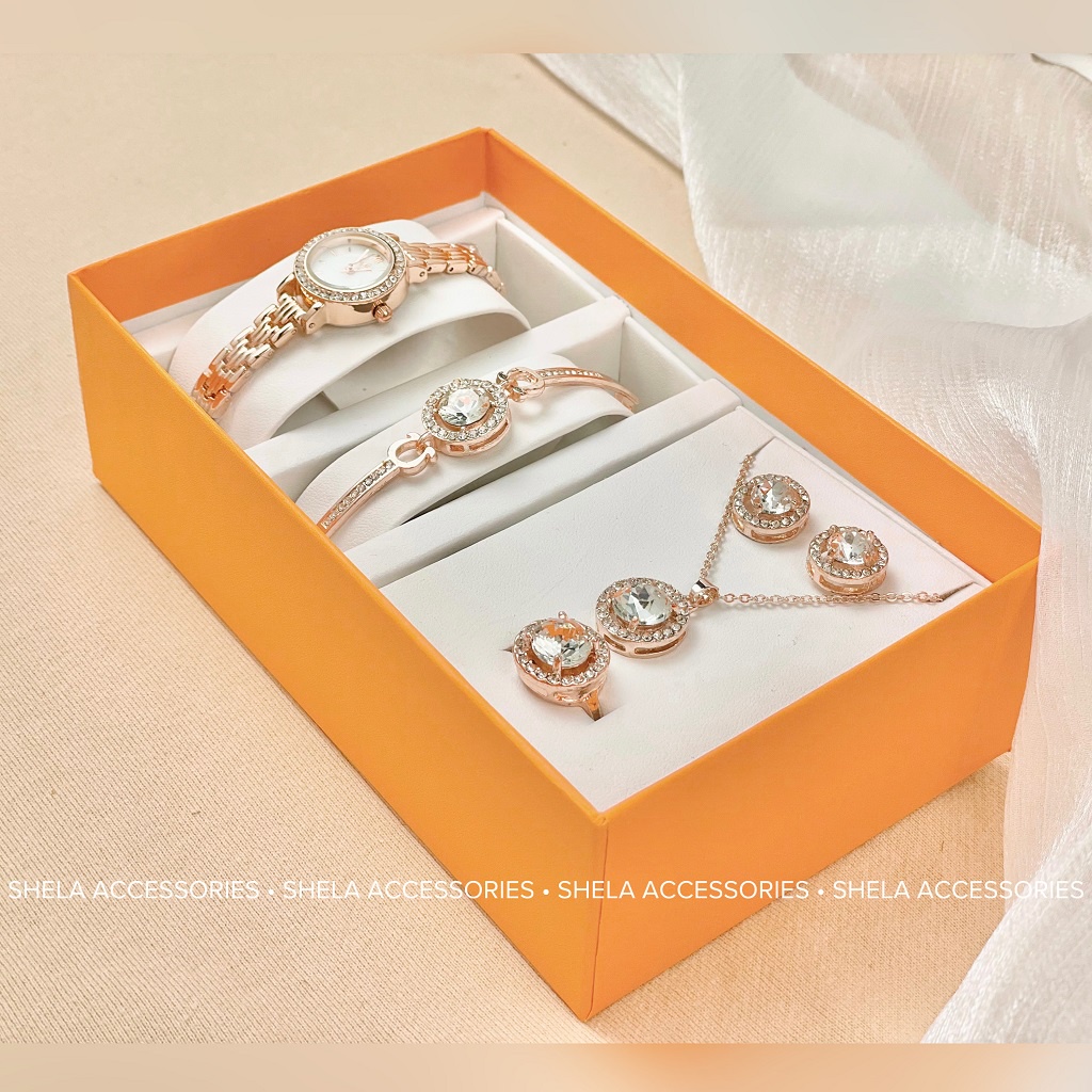 Đồng hồ nữ chính hãng set 5 món dây kim loại mặt tròn đính đá cao cấp chống nước 3ATM làm quà tặng đẹp LUSHIKA LK03