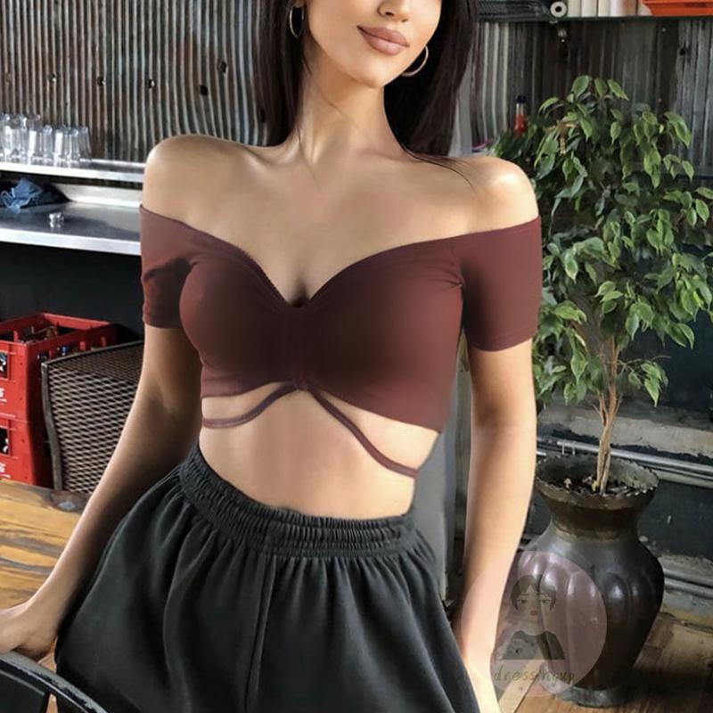 Áo Croptop Tay Ngắn Hở Vai Màu Sắc Trơn Dành Cho Nữ