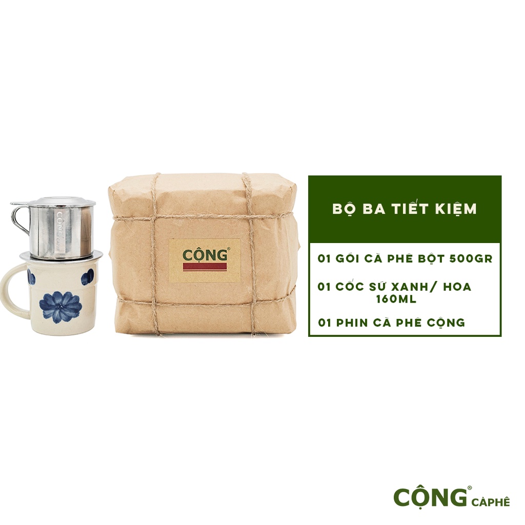 Combo cà phê bột 500gr, phin cà phê nhôm, cốc sứ 160ml Cộng Cà Phê - Bộ ba tiết kiệm