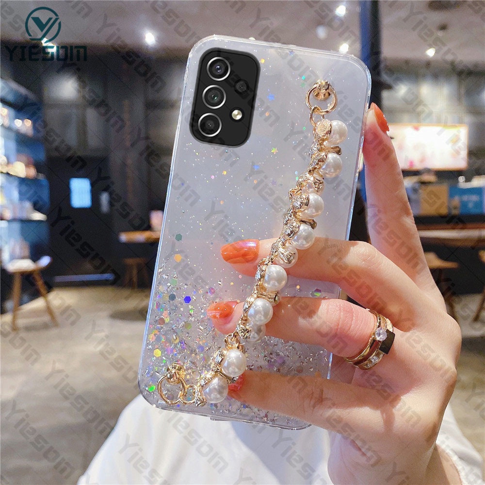 Sang Trọng ​Ốp Điện Thoại Silicon Mềm Đính Hạt Ngọc Trai Gắn Dây Đeo Tay Samsung Galaxy A73 A53 A33 A23 A13 5G A52S M52 A03S A03 Core