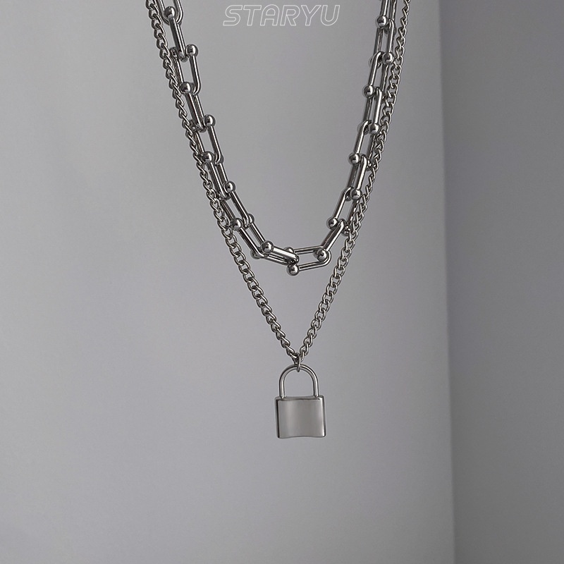 Staryu Set 2 Vòng cổ Hai Lớp Mặt Ổ Khóa Nhỏ Unisex