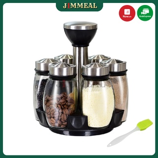 [Video] Set 06 Lọ Đựng Gia Vị Thủy Tinh Xoay 360 Độ Chống Ẩm, Chống Mốc - Tặng Chổi Phết Dầu Ăn