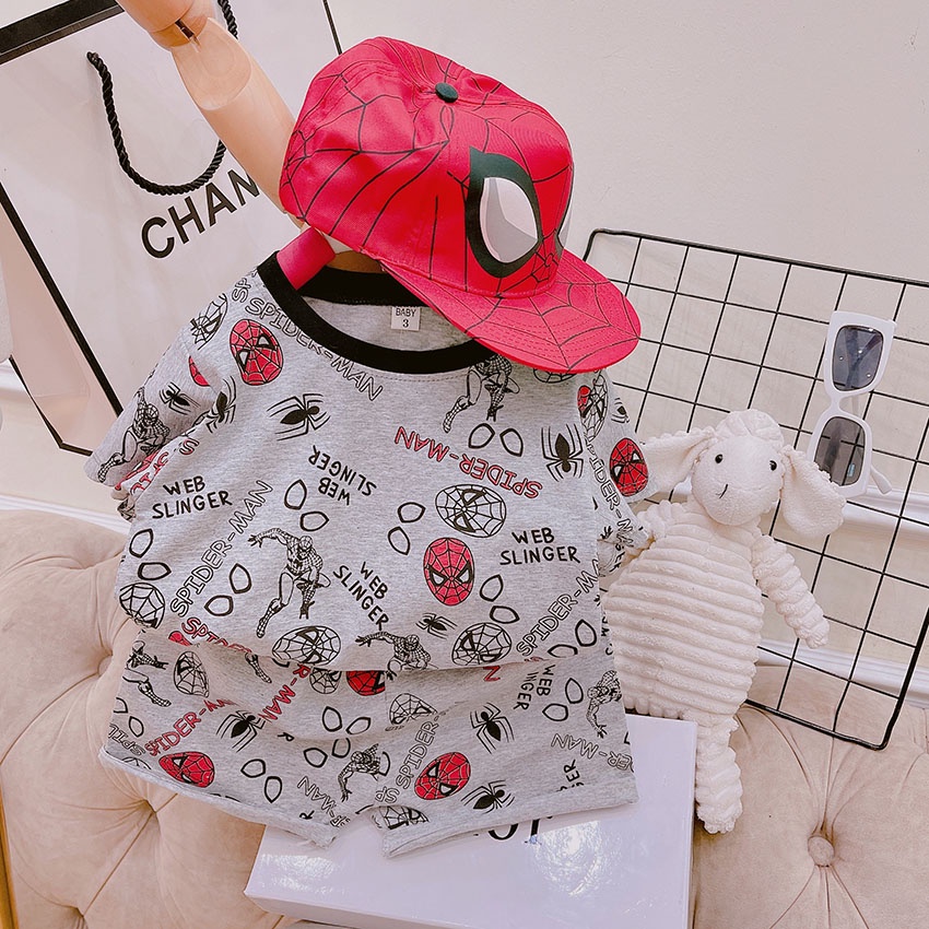 Bộ Quần Áo Cộc Tay In Hình Người Nhện Sprider-man Đỏ Xám Vải Cotton Cho Bé Từ 8-19kg Mã CT11