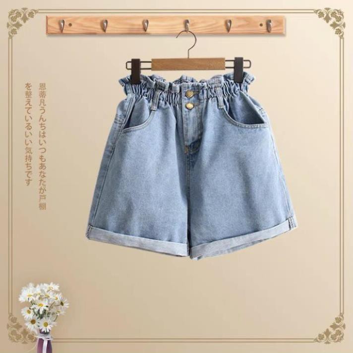 Quần Short Jean Lưng Thun, Quần Jean Đùi Nữ Ngắn Ống Rộng 2 Khuy Lưng Co Giãn Ulzzang, Labibi  ྇  ྇