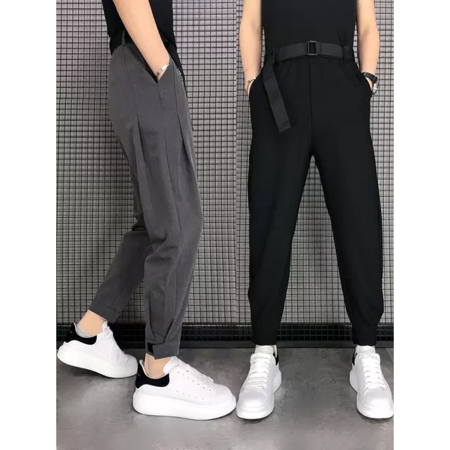 Quần Âu Nam Hàn Quốc Dáng Baggy Kèm Dây đai, lưng chun co giãn -Vải dày dặn- size 52-74kg